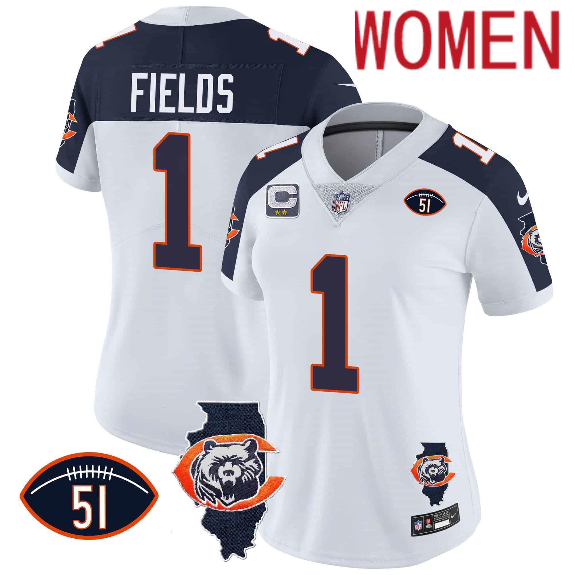 Women Chicago Bears #1 Fields White 2024 Nike Throwback Illinois Patch Vapor NFL Jersey style 2